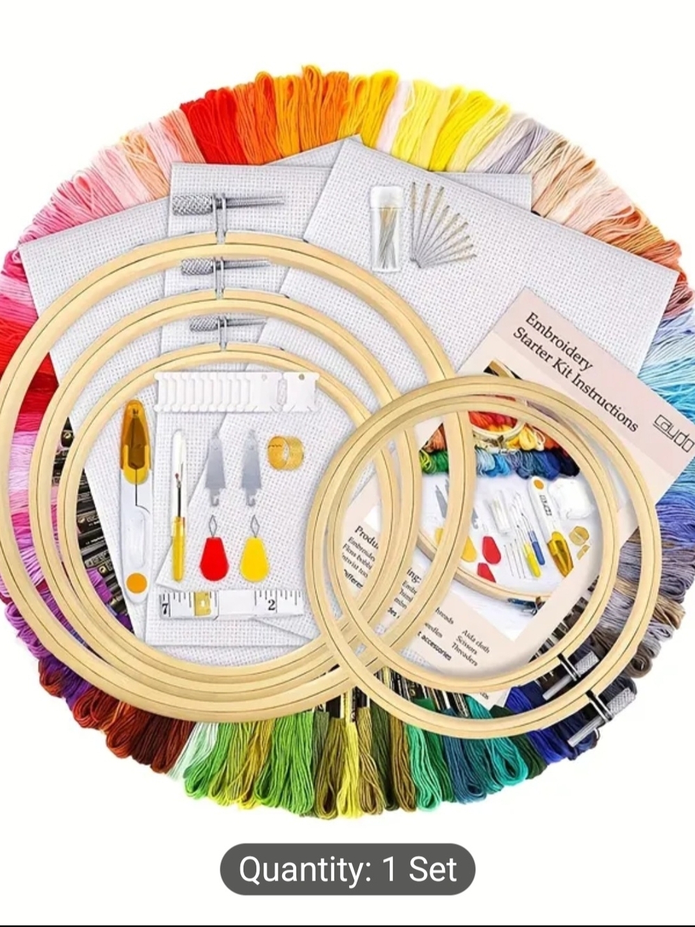 Embroidery Starter Kit with Multi-Color Floss and Wooden Hoops